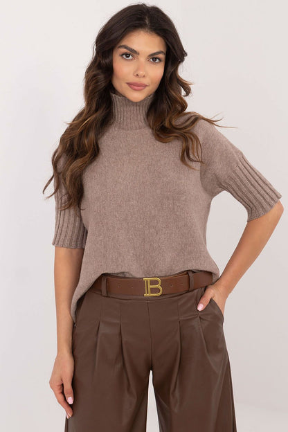 BFG short sleeve turtle neck sweater in beige worn with brown high waist trousers