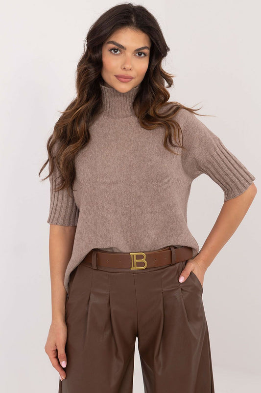 BFG short sleeve turtle neck sweater in beige worn with brown high waist trousers