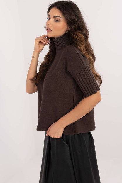 BFG brown short sleeve turtle neck sweater in knitted fabric worn by woman
