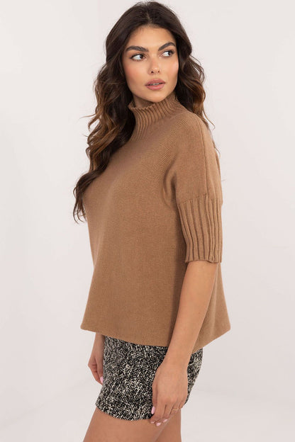 BFG brown short sleeve turtle neck sweater with ribbed sleeves worn by woman