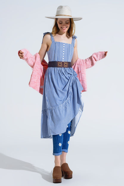 Q2 Vestido azul e branco em xadrez em linha A com alças ajustáveis