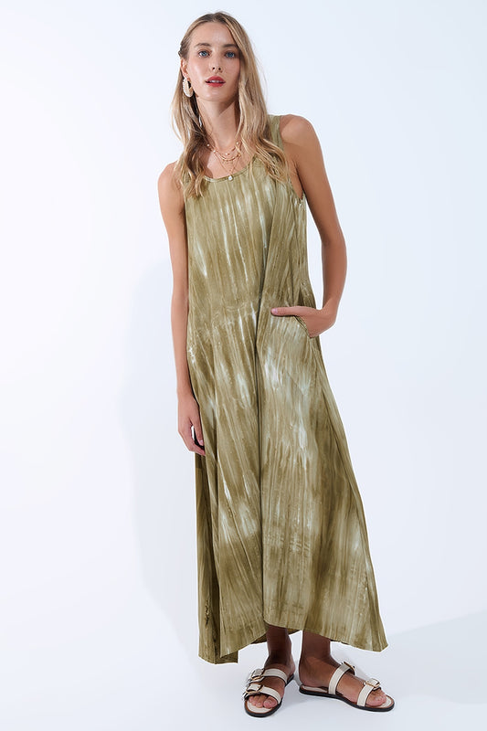 Q2 Vestido Boho Descontraído em Tie Dye Verde Kakhi em tecido de alta qualidade