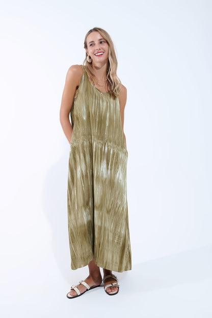 Vestido Boho Descontraído em Tie Dye Verde Kakhi em tecido de alta qualidade