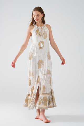 vestido boho maxi chiffon com estampado de flores douradas