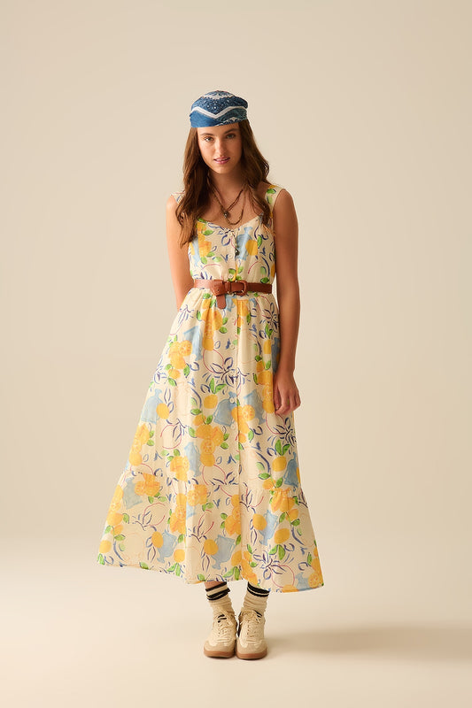 Q2 vestido branco longo sem alças com estampa de limão