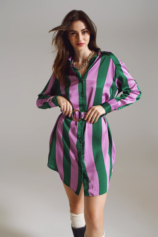 Q2 Vestido camisa curto listrado lilás e verde
