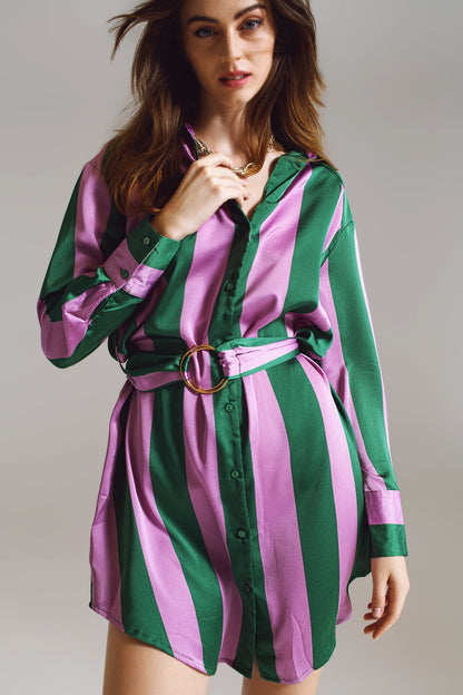Vestido camisa curto listrado lilás e verde