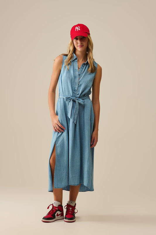 Q2 Vestido camisa sem mangas em tecido tencel em azul