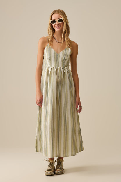 Q2 Vestido com decote em V às riscas em verde