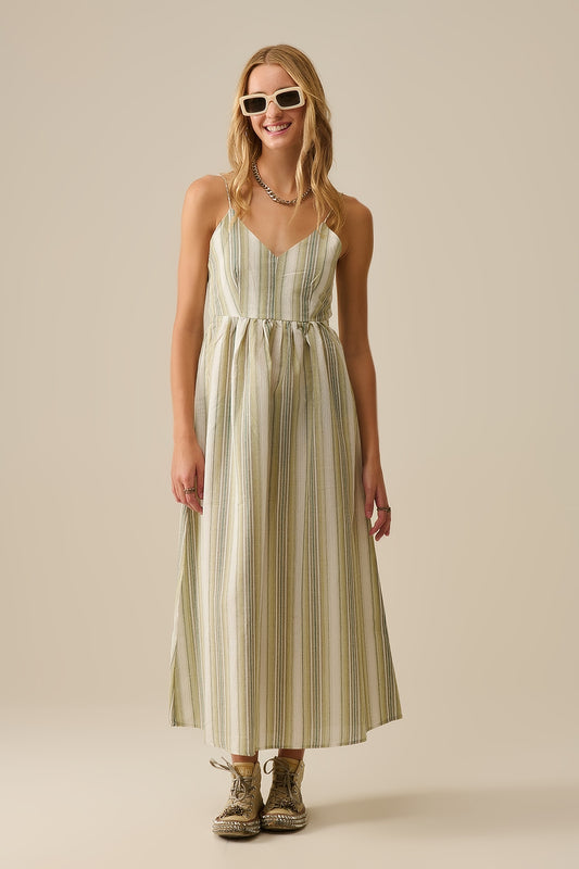 Q2 Vestido com decote em V às riscas em verde