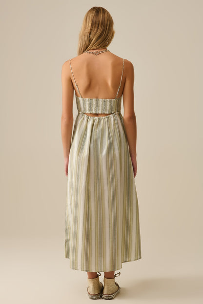Vestido com decote em V às riscas em verde