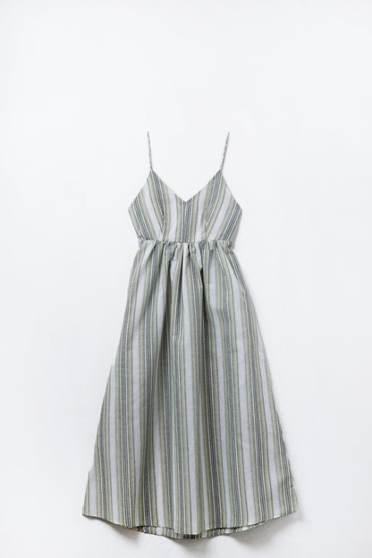 Vestido com decote em V às riscas em verde