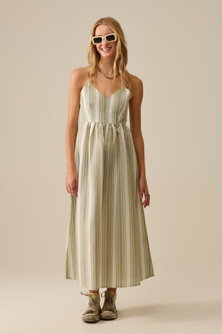 Vestido com decote em V às riscas em verde