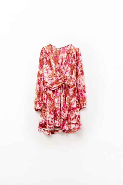 Vestido com decote em V com estampado abstrato e faixa na cintura