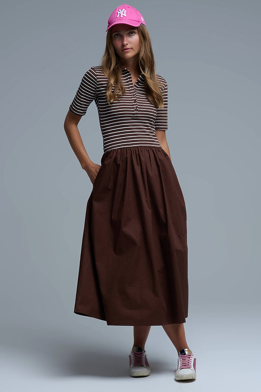 Q2 Vestido com top às riscas e saia midi em popeline em castanho