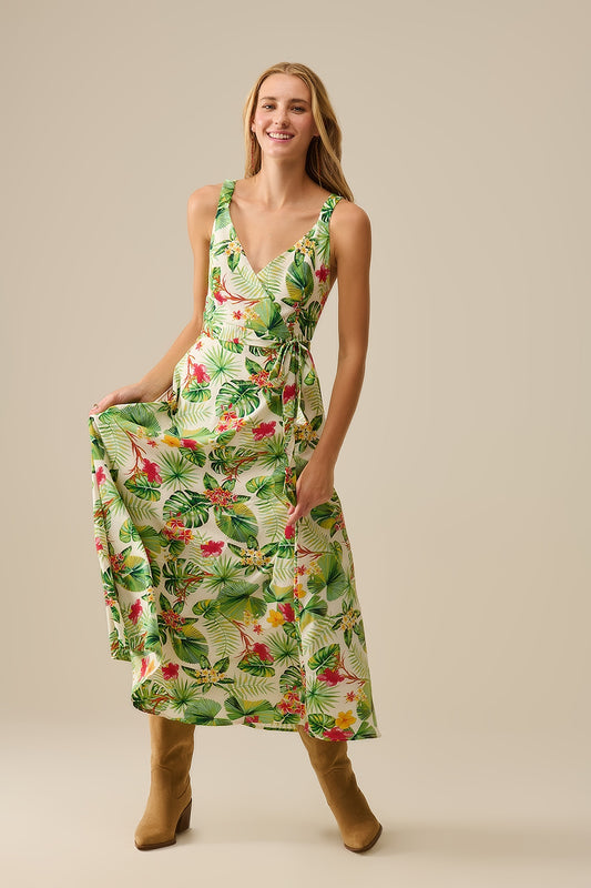 Q2 Vestido comprido branco com estampado tropical