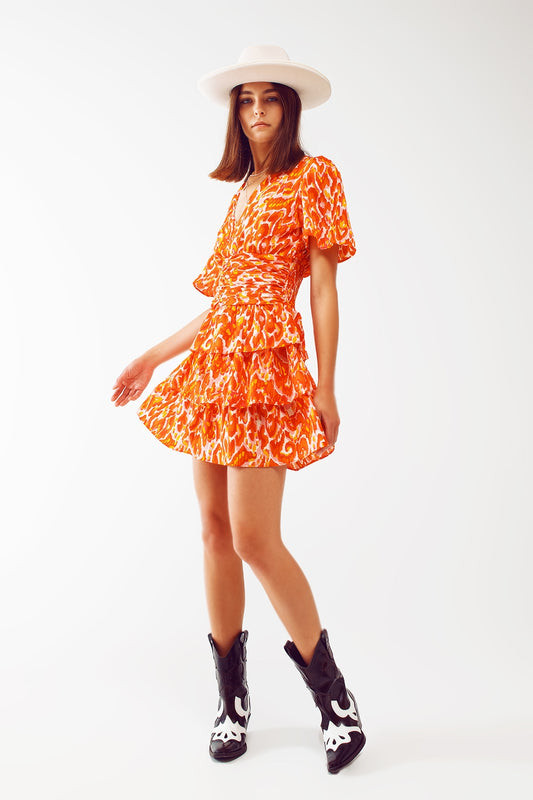 Q2 Vestido curto com decote em V e estampa floral laranja