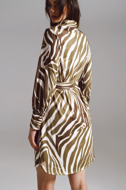 Vestido curto midi com estampa de zebra em branco e verde oliva