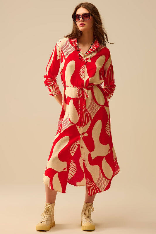 Q2 vestido de botões com estampado abstrato em vermelho