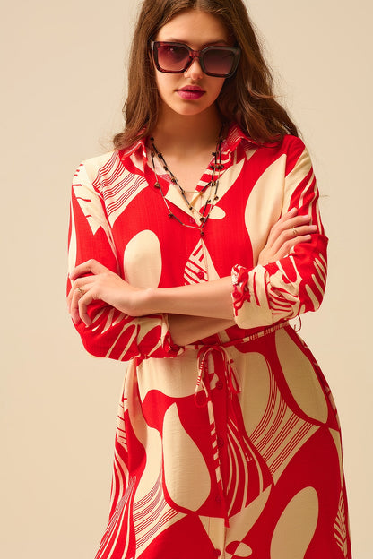 vestido de botões com estampado abstrato em vermelho