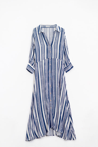 Vestido de camisa Maxi às riscas com manga 3/4 e cinto em azul e branco