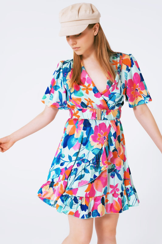 Q2 vestido de cetim macio com cinto e estampa de flores