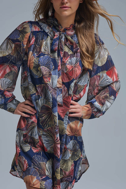 Vestido floral elegante com decote em A e laço