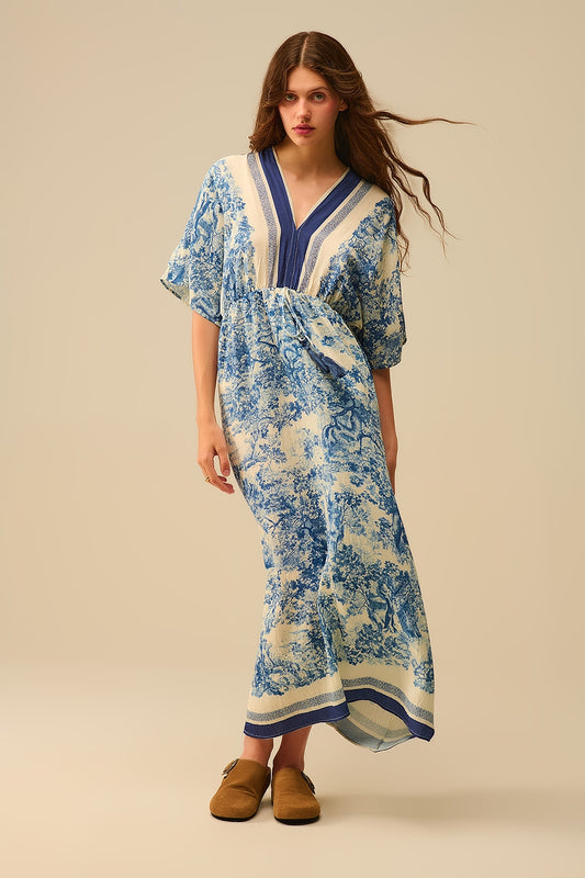 Q2 Vestido fluido com decote em V e estampado Toile de Jouy