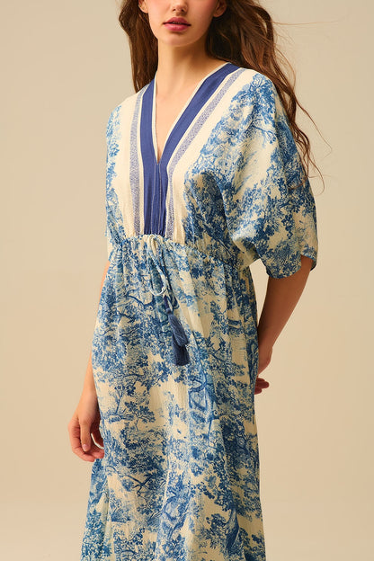 Vestido fluido com decote em V e estampado Toile de Jouy
