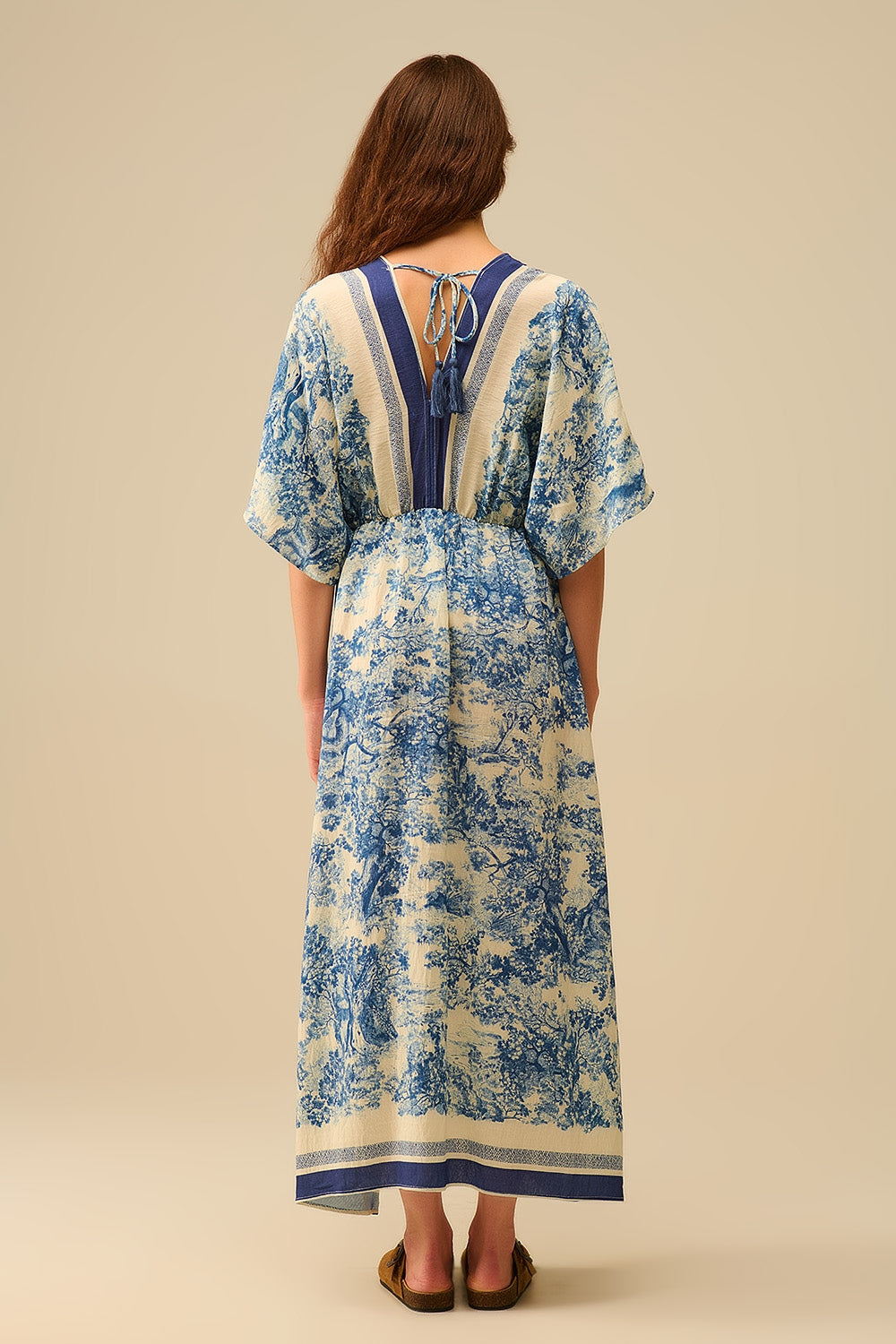 Vestido fluido com decote em V e estampado Toile de Jouy