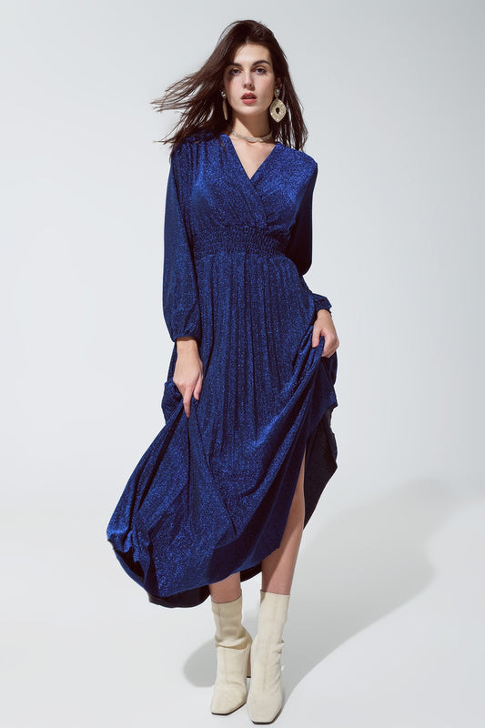 Q2 Vestido longo azul brilhante de cintura alta com decote em V