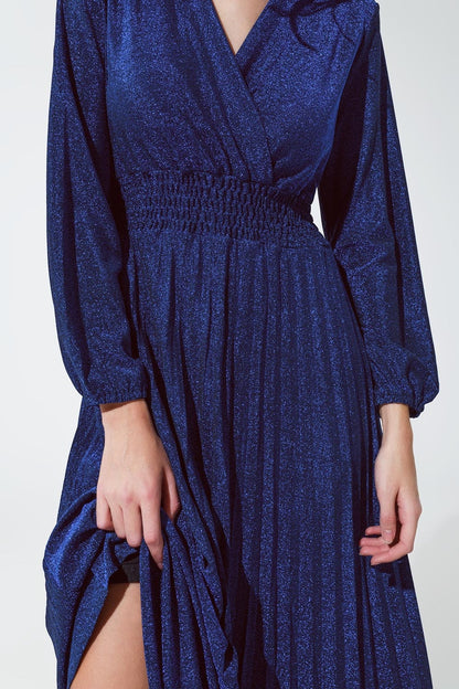 Vestido longo azul brilhante de cintura alta com decote em V