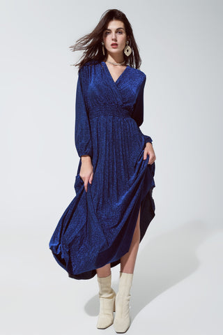 Vestido longo azul brilhante de cintura alta com decote em V