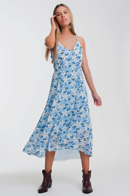 Q2 Vestido longo azul com tiras finas
