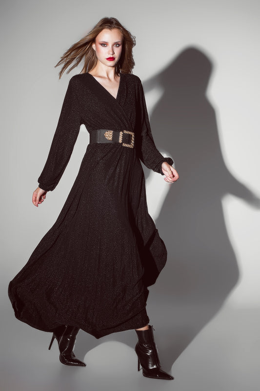 Q2 Vestido longo com mangas compridas e brilho em preto