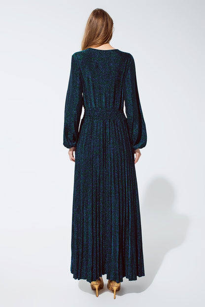 Vestido longo de manga comprida com brilho em verde