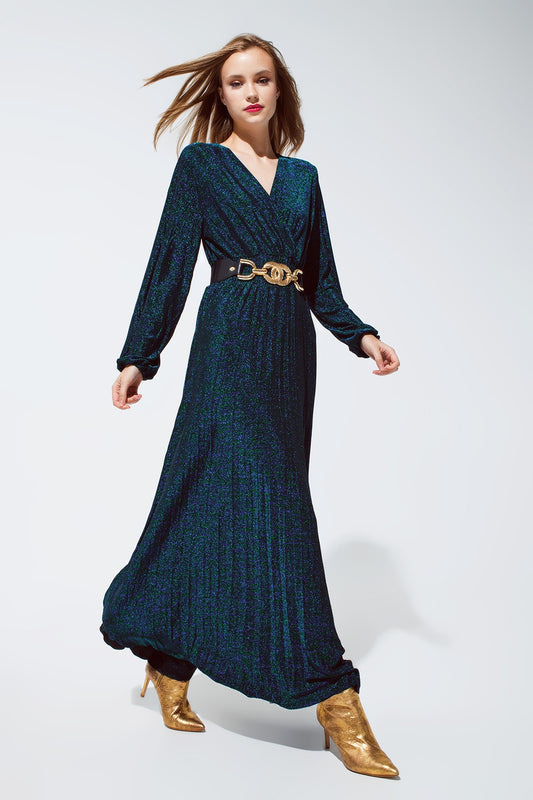 Q2 Vestido longo de manga comprida com brilho em verde