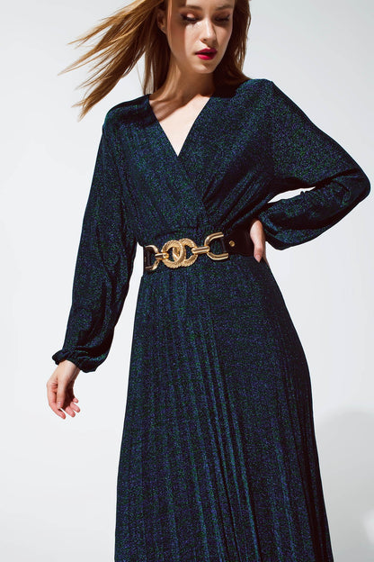 Vestido longo de manga comprida com brilho em verde