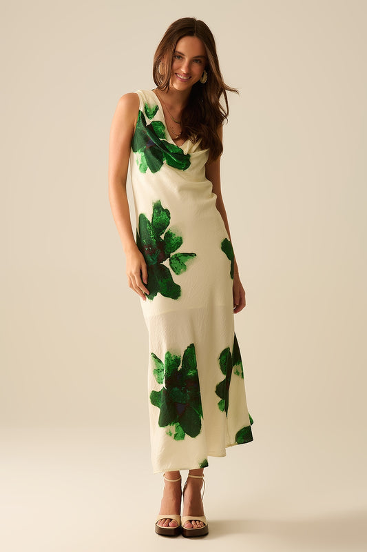 Q2 Vestido longo verde sem mangas e esvoaçante com estampa floral