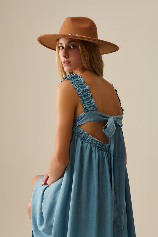 Q2 Vestido maxi azul claro com alças com folhos em tecido tencel