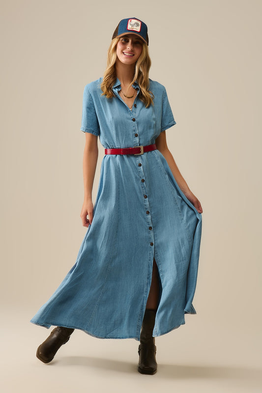 Q2 Vestido maxi azul claro com botões em tecido Tencel