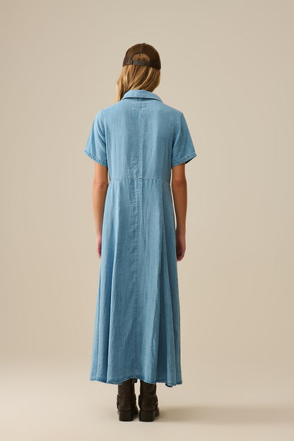 Vestido maxi azul claro com botões em tecido Tencel