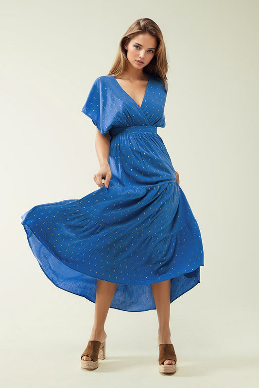 Q2 vestido maxi azul solto com pormenores dourados