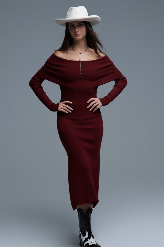 Q2 Vestido Maxi Bardot largo em malha cor de vinho