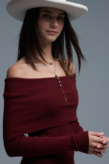 Vestido Maxi Bardot largo em malha cor de vinho