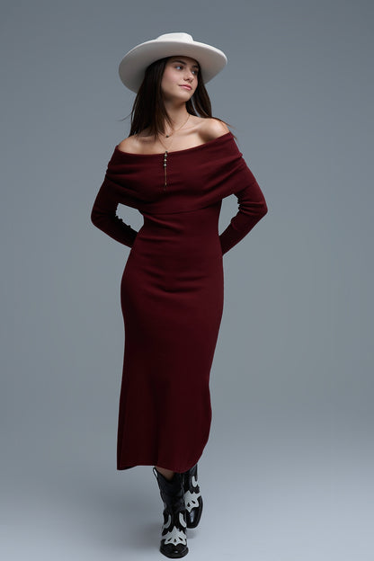 Vestido Maxi Bardot largo em malha cor de vinho
