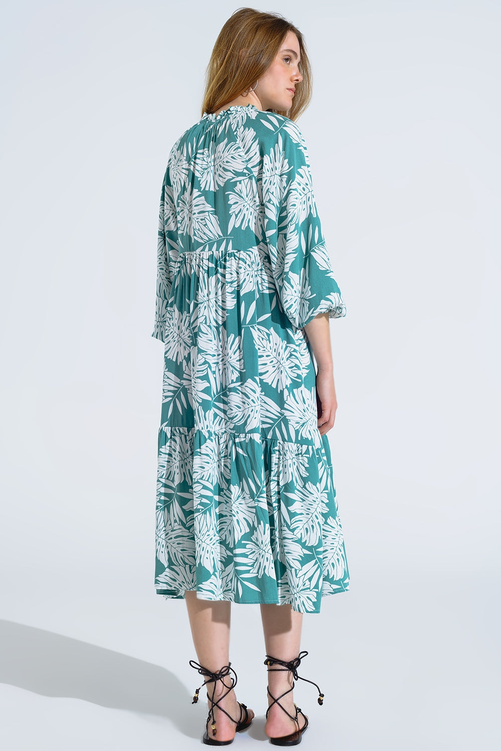 Vestido Maxi Boho com mangas em balão e estampado de folhas em verde