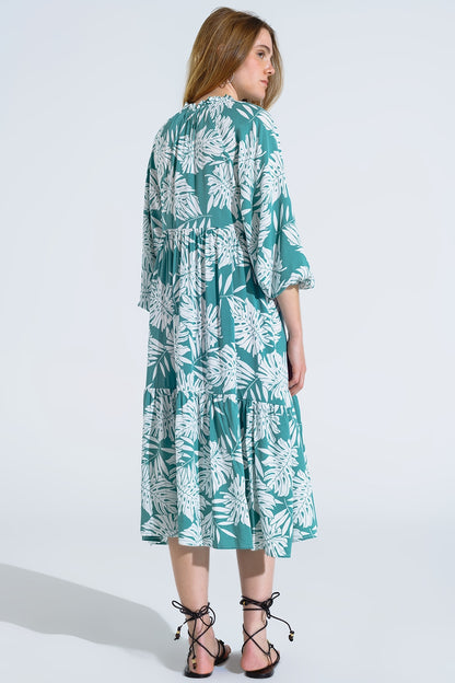 Vestido Maxi Boho com mangas em balão e estampado de folhas em verde