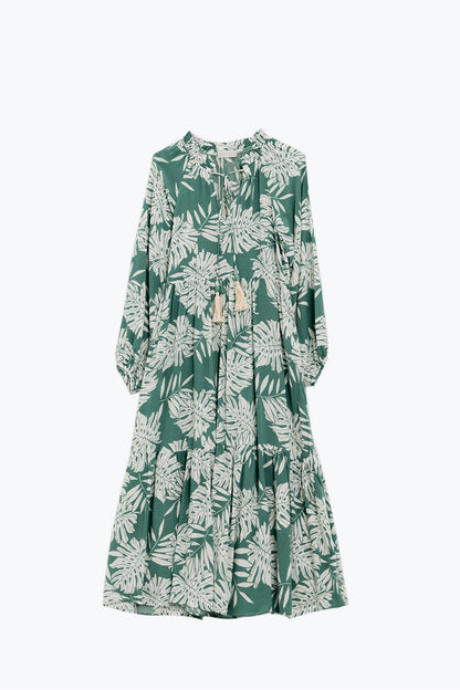 Vestido Maxi Boho com mangas em balão e estampado de folhas em verde