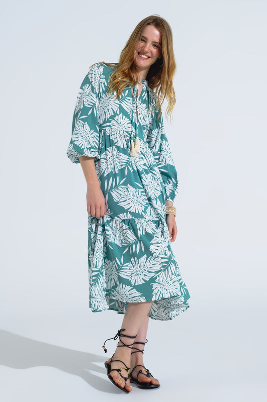 Q2 Vestido Maxi Boho com mangas em balão e estampado de folhas em verde